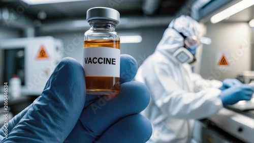 Close-up gloved hand holding vaccine vial in modern medical laboratory. Scientist in hazmat suit working in background. Biotechnology, medical research and vaccine development concept.