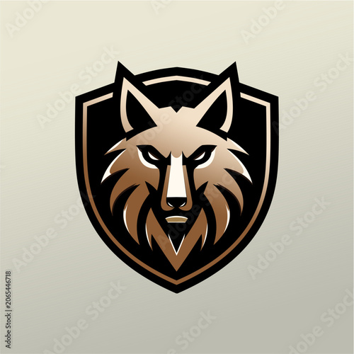 Elegant golden wolf head in shield logo design on neutral background with wild animal strength creature predator