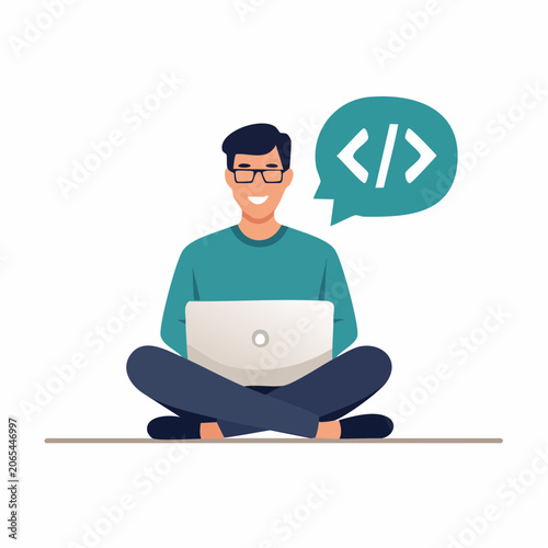 Programmer Coding on Laptop with Code Symbol in Speech Bubble