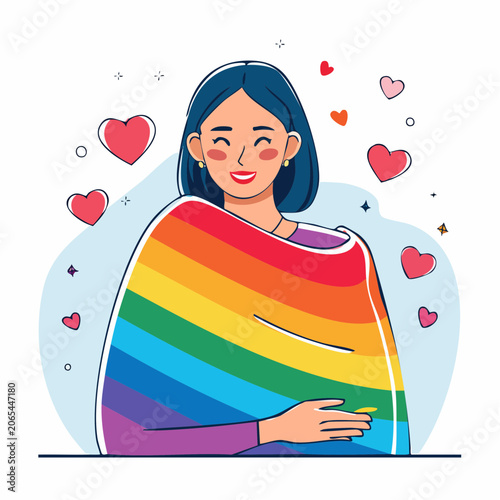 Woman Wrapped in Rainbow Flag with Hearts