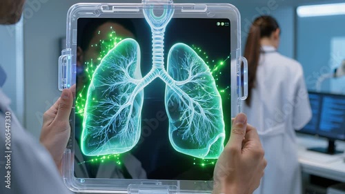 Close-up hands holding transparent tablet with glowing holographic lungs in modern medical laboratory. Doctor in background. Futuristic pulmonology, medical technology and healthcare concept.