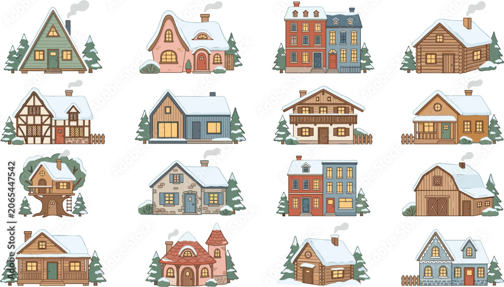 Fototapeta premium Winter cozy houses vector collection with snow covered roofs cabins cottages and pine trees isolated on white background