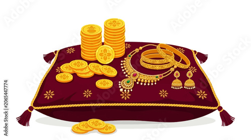 Bild auf Leinwand Shiny gold coins, heavy ornate jewelry, on velvet cushion with decorative tassels, symbolizing wealth, luxury, and abundance
