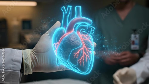 Close-up hand holding glowing holographic heart with highlighted points in modern medical laboratory. Doctor in background. Futuristic cardiology, medical technology and healthcare concept.
