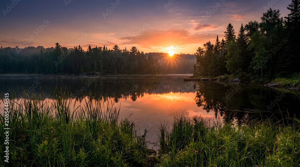 Obraz premium Serene sunset over calm lake surrounded by forest wilderness with landscape