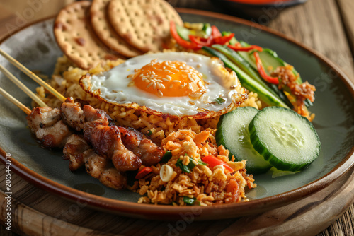 Delicious traditional Indonesian fried rice nasi goreng served with egg and satay
