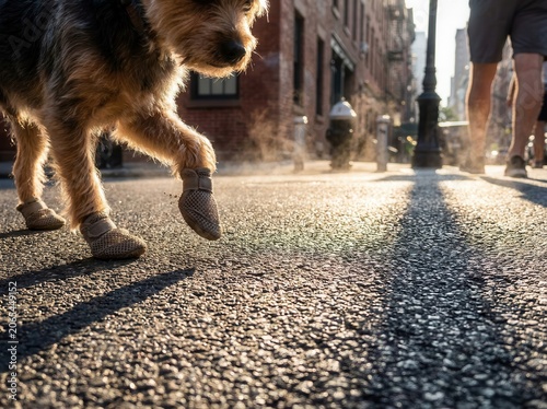 A dog in protective boots walks on hot asphalt