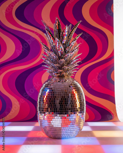 pineapple decor photo for retro party banner with disco vase and pink wave background