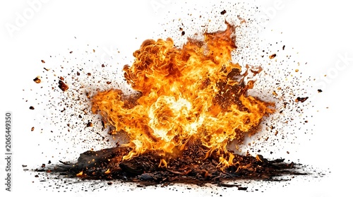 Powerful explosion of fire with flying sparks and glowing embers against white backdrop.