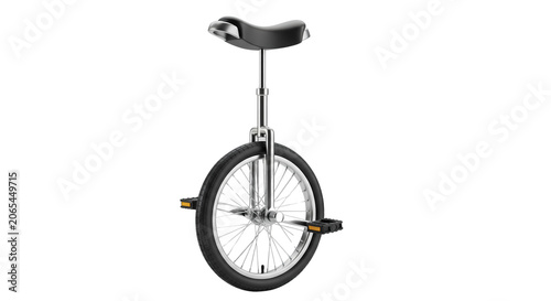 Elegant single-wheeled unicycle with a comfortable black seat and robust chrome frame, isolated on a bright white background, symbolizing unique balance and recreational fun
