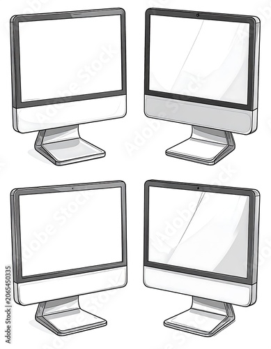 Four computer monitors with blank screens in a square formation