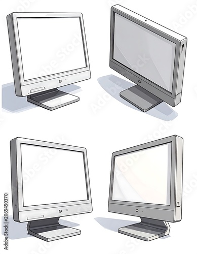 Four computer monitors with blank screens on stands