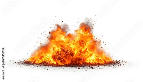 Intense fire explosion with smoke and flying sparks isolated on clean white background art.