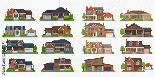 Obraz na płótnie Set of various modern and traditional suburban houses with garages and green lawns on a transparent background