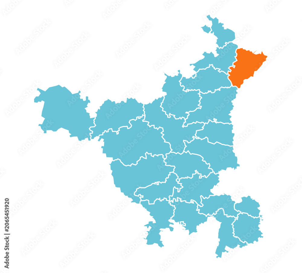 Naklejka premium Yamuna Nagar district highlighted in orange on blue Haryana map