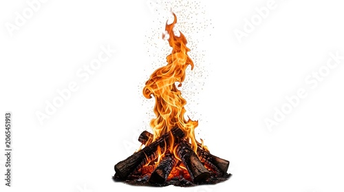 Campfire burning with logs, flames reaching upwards, sparks rising, providing warmth and light outdoors.
