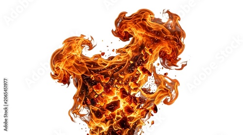 Dynamic fire blast, erupting with glowing coals and intense orange flames, energetic movement.