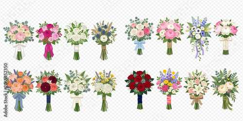 Collection of various wedding bouquets with different flowers and ribbon decorations, isolated on transparent background.