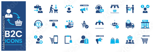 Set of modern blue business to consumer icons for digital marketing and e-commerce