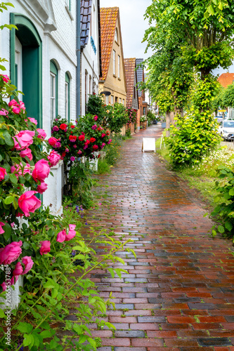 Narrow historic lane in Arnis with roses, flowers, brick pavement and traditional homes in the smallest town of Germany.