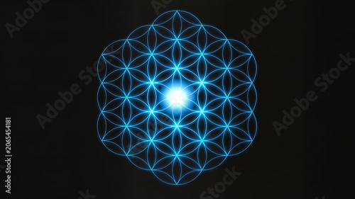 Glowing blue neon Flower of Life sacred geometry symbol with bright white light center on black background, digital illustration of ancient spiritual mathematical pattern.