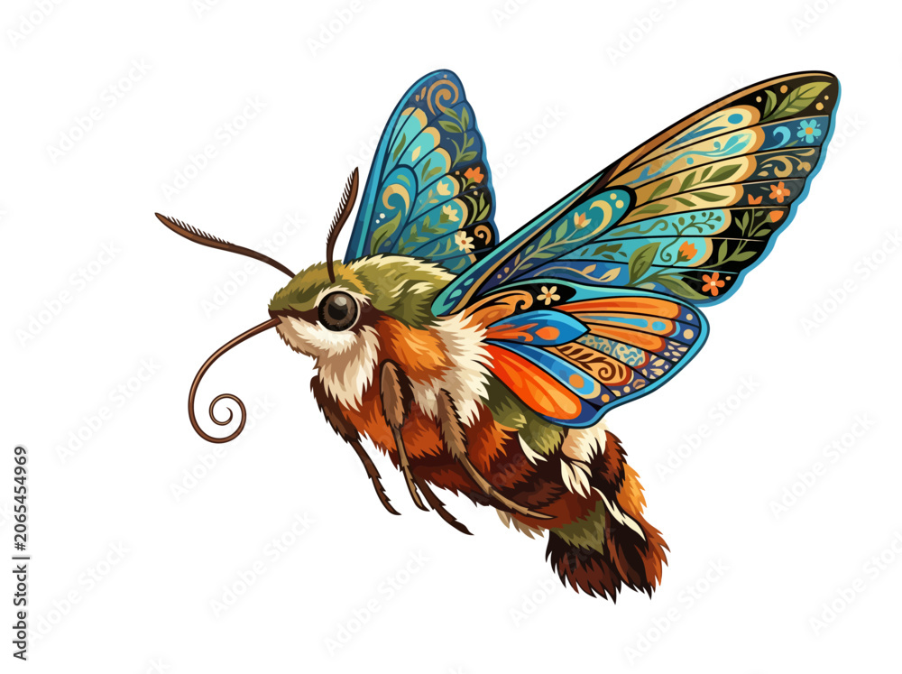 Obraz premium A vibrant and detailed illustration of a hummingbird moth in flight.