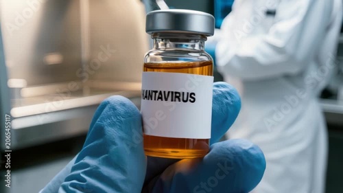 Scientist in blue gloves holding glass vial labeled Hantavirus in medical laboratory, concept image for infectious disease research, virology and biosafety.
