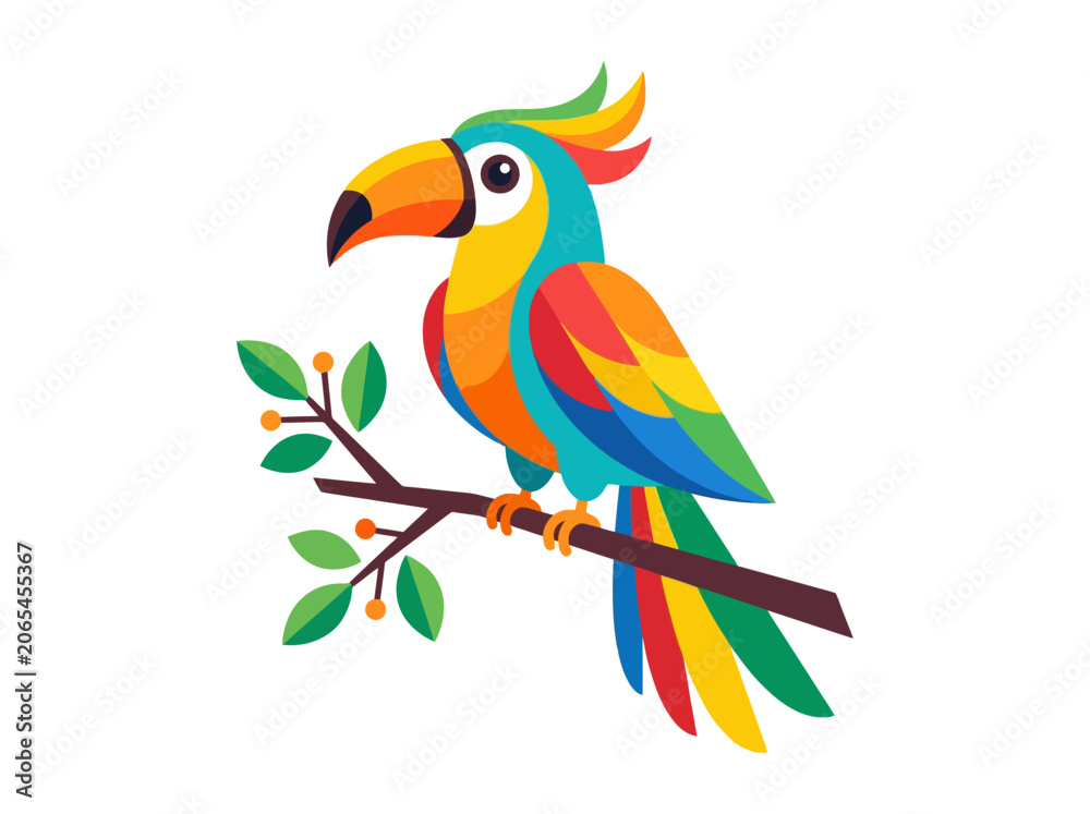 Fototapeta premium A vibrant and colorful cartoon parrot perched on a tree branch.