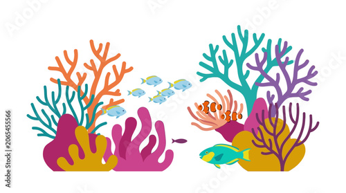 Colorful coral reef with tropical fish and anemone