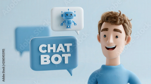 Friendly 3D cartoon character with chat bot speech bubbles on blue background customer service concept