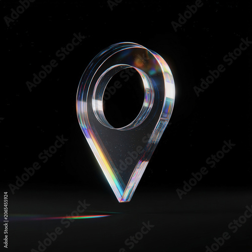 Glass crystal location pin marker with rainbow light refraction on black background