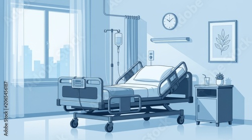 Hospital room with medical bed, IV drip, and city view window