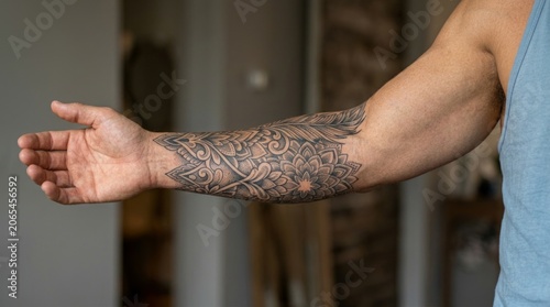 Man's Arm with Intricate Black Mandala Tattoo Sleeve