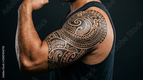 Man's Arm with Intricate Tribal Tattoo - Muscular Bicep Flex