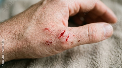 Close-up of a man's hand with cuts and bleeding wounds on thumb base