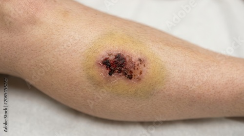 Close-up of a Stage 2 Pressure Ulcer on Human Leg with Redness and Yellowish Exudate