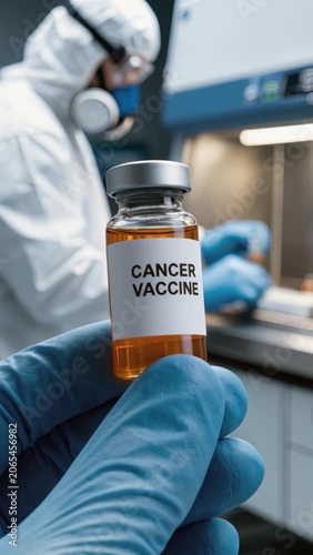Close-up gloved hand holding Cancer Vaccine vial in modern medical laboratory. Scientist in hazmat suit working in background with biohazard signs. Biotechnology, medical research and healthcare conce
