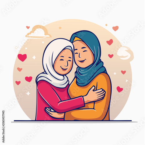 Two Muslim Women Hugging with Hearts
