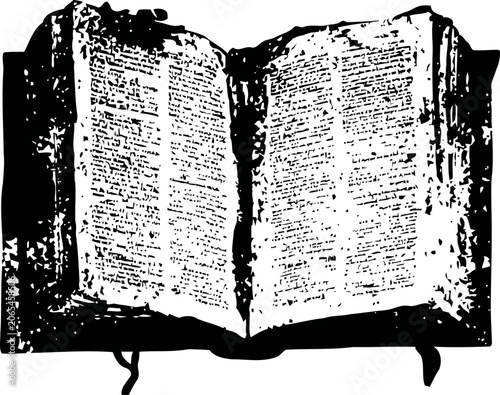 Open ancient book with worn pages and dense text, vintage literature concept, historical manuscript