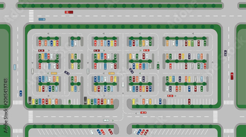 Schilderij op canvas Top down view of a residential area with roads and vehicles vector illustration