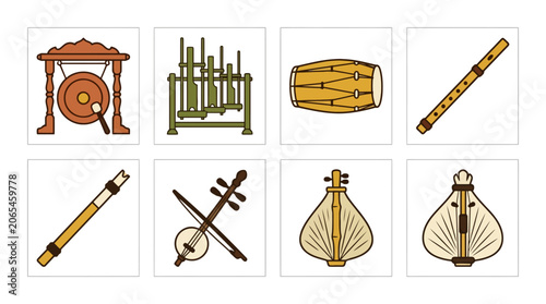 Collection of traditional Indonesian musical instruments including gamelan and angklung. EPS Editable