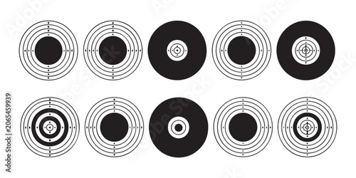 Collection of various black circular shooting targets for marksmanship practice isolated on transparent.