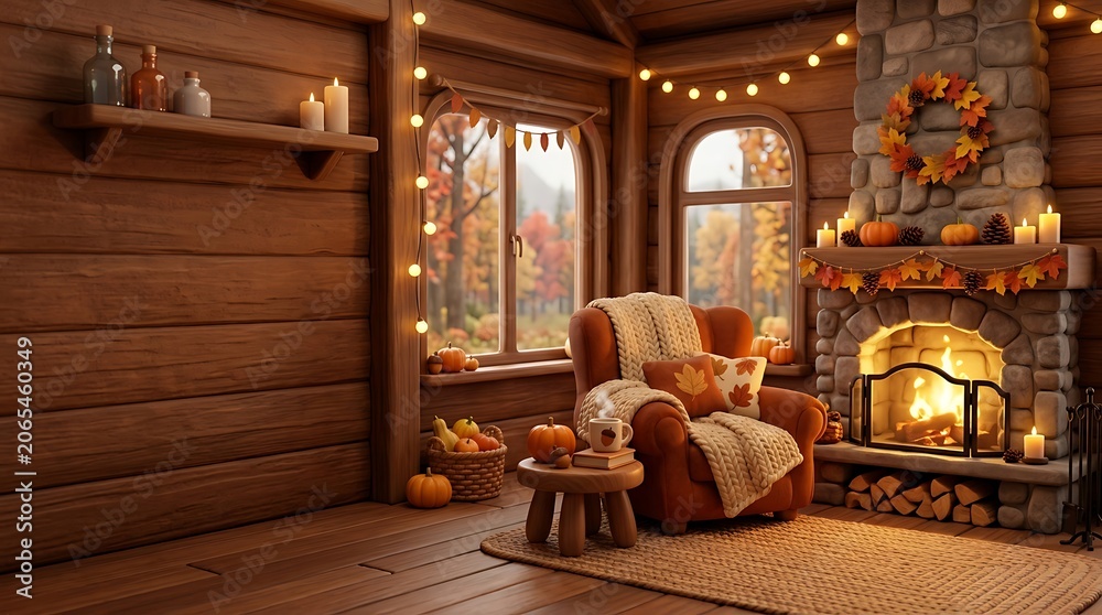 Fototapeta premium Cozy cabin living room with autumn decor and warm fireplace on a fall day indoors