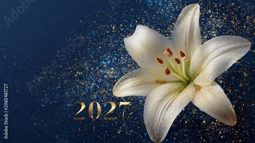 White Lily Flower with Golden Glitter on Elegant Blue Background, Happy New Year 2027 Celebration Banner.