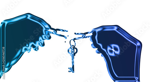 Bilde på lerret A blue outlined illustration of two coffins connected by a chain and key on tran