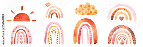 Watercolor boho rainbow clipart collection with sun, cloud and heart elements in soft pink, peach and orange colors. Hand painted nursery illustrations for baby shower, kids room decor, invitations