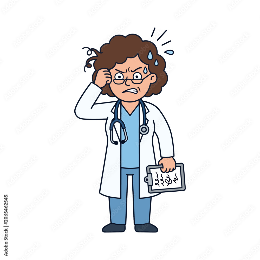 Fototapeta premium Stressed and overworked female doctor scratching her head with angry expression cartoon illustration