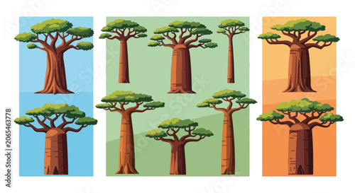 A collection of stylized baobab trees with thick trunks and green foliage against colorful backgrounds.