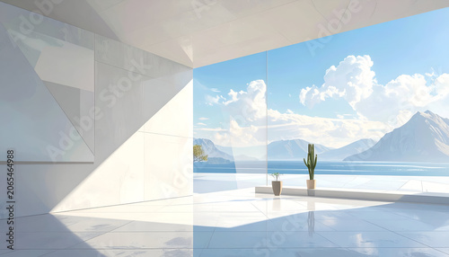 A bright, modern interior with large windows showcasing a scenic mountain and water view