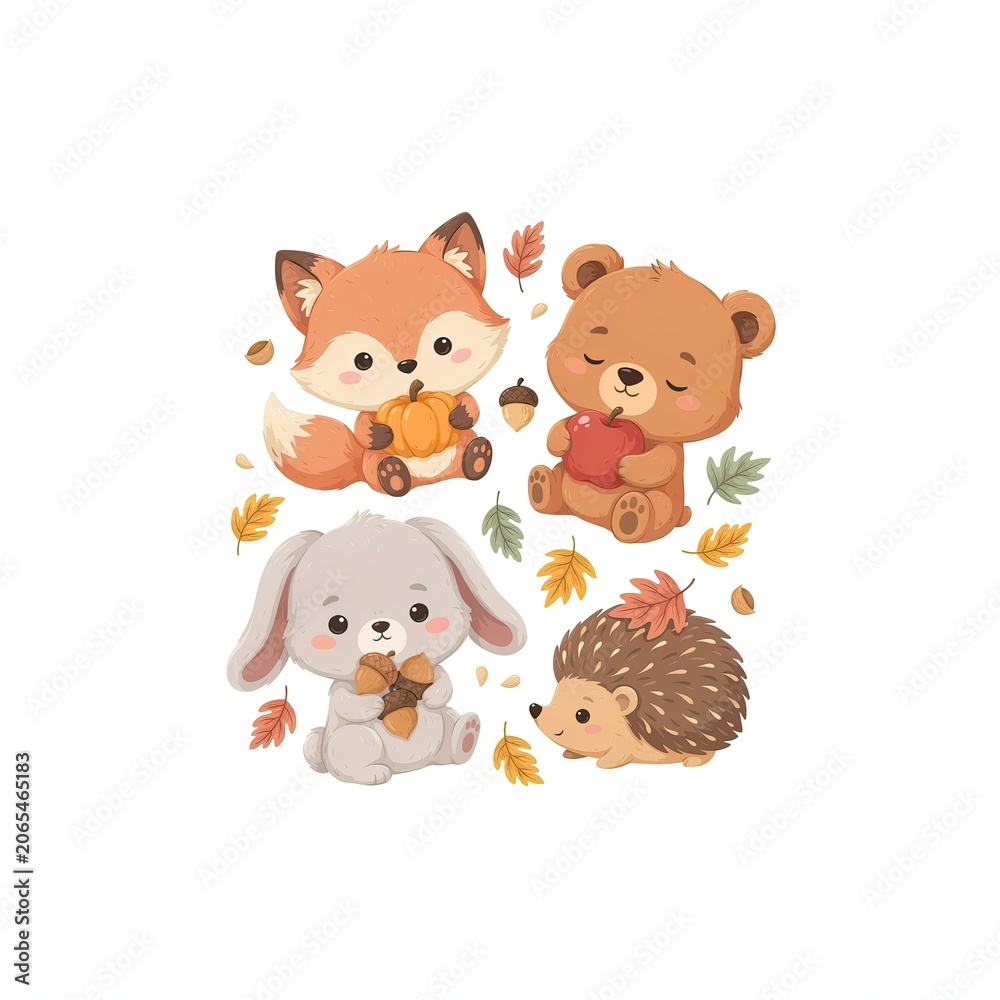 Fototapeta premium Cute woodland animals with autumn harvest isolated on white background
